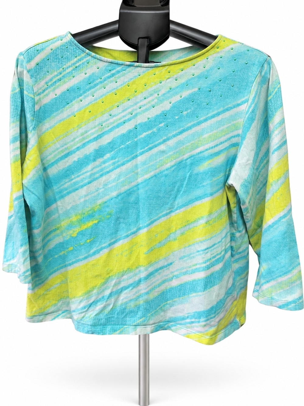 Ruby Rd. Striped Boatneck Top in Aqua and Yellow-Green